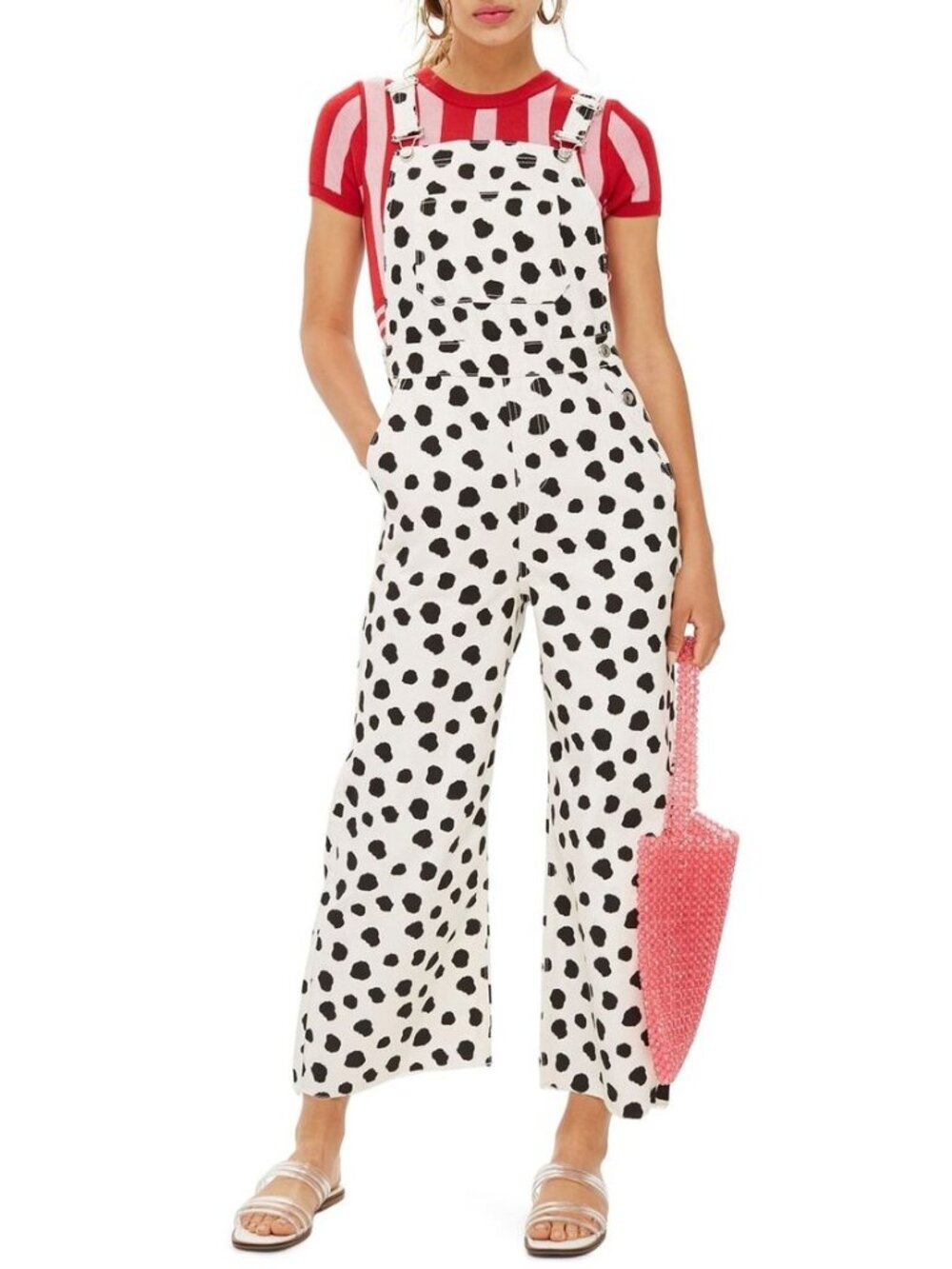 TOPSHOP Black & White Spotted Overalls Wide Leg Adjustable Size 2 Jeans
